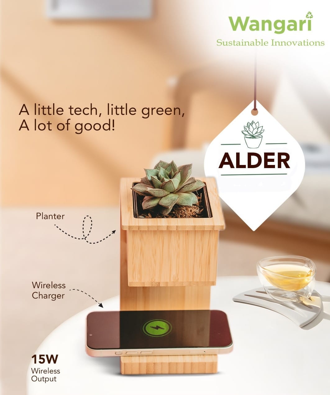 Alder Bamboo Planter + 15W Charger